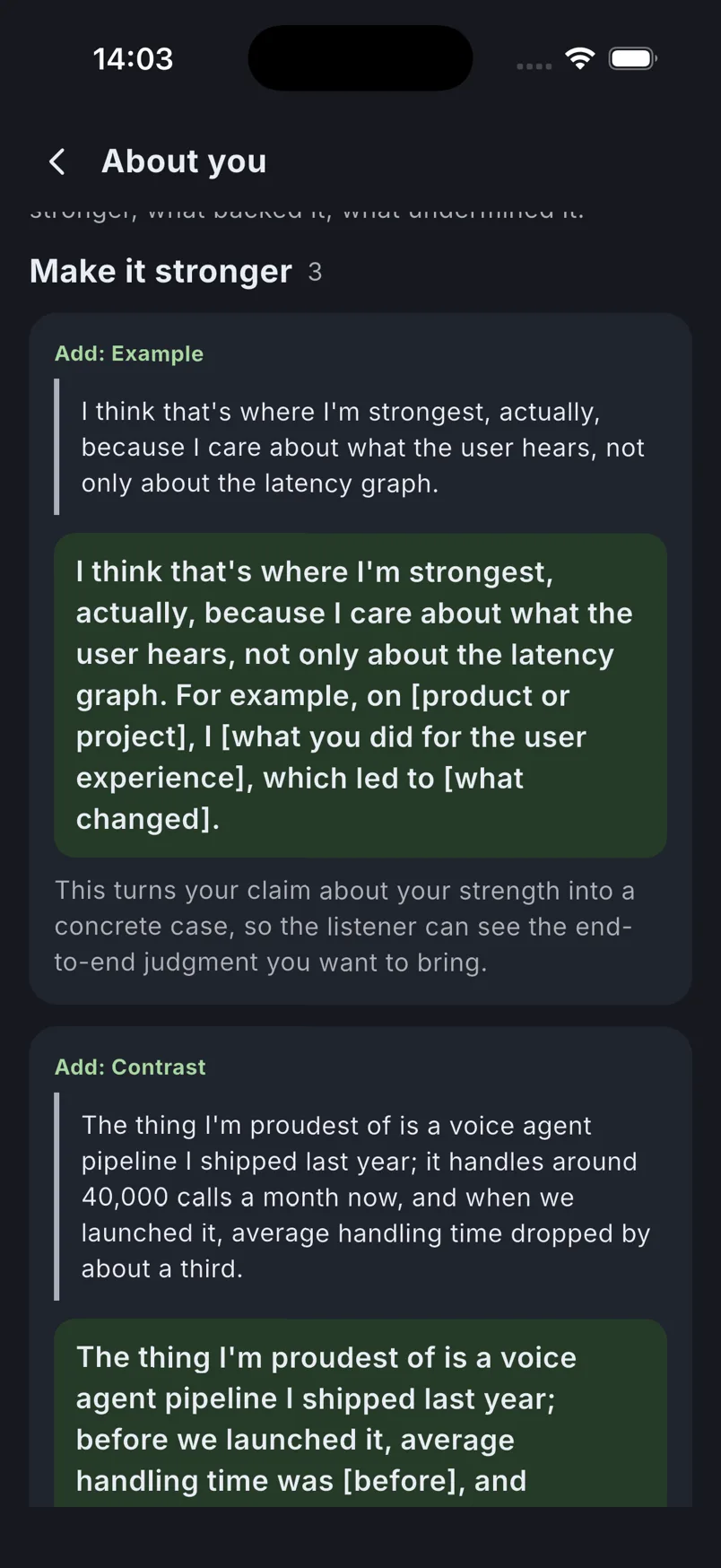 A take reviewed in the app: the line as it was said, then the same line made stronger, and why that version lands.